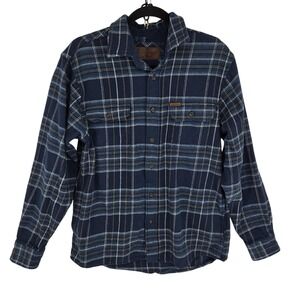 Orvis Shirt Jacket Mens Small Blue Navy Plaid Flannel Cotton Lined Pockets